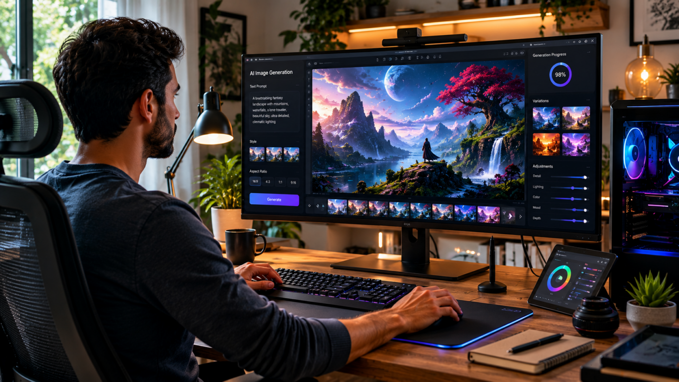 Person using a computer with an AI image generator creating digital artwork in 2026