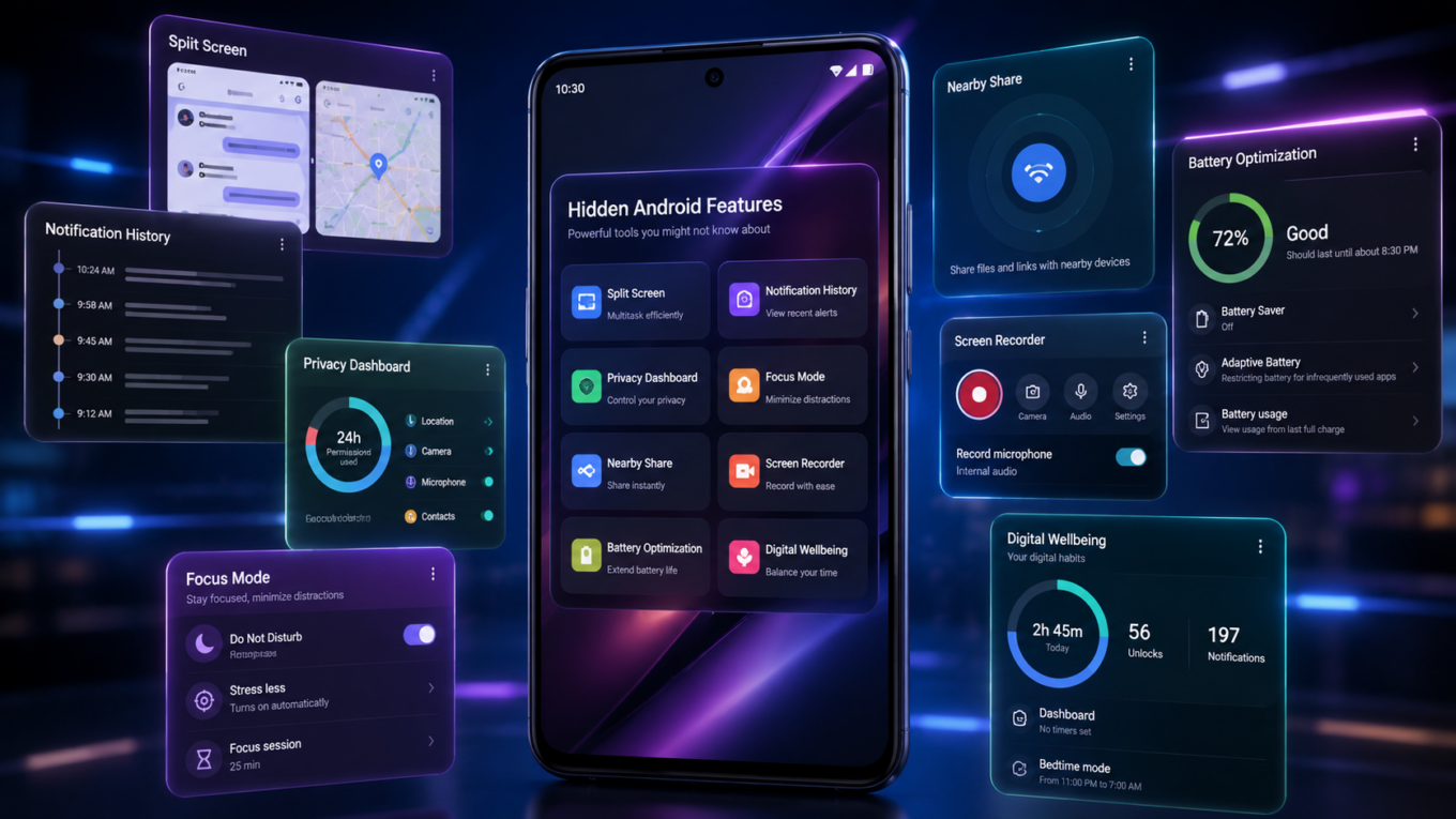 Best hidden Android features including split screen multitasking privacy dashboard and focus mode