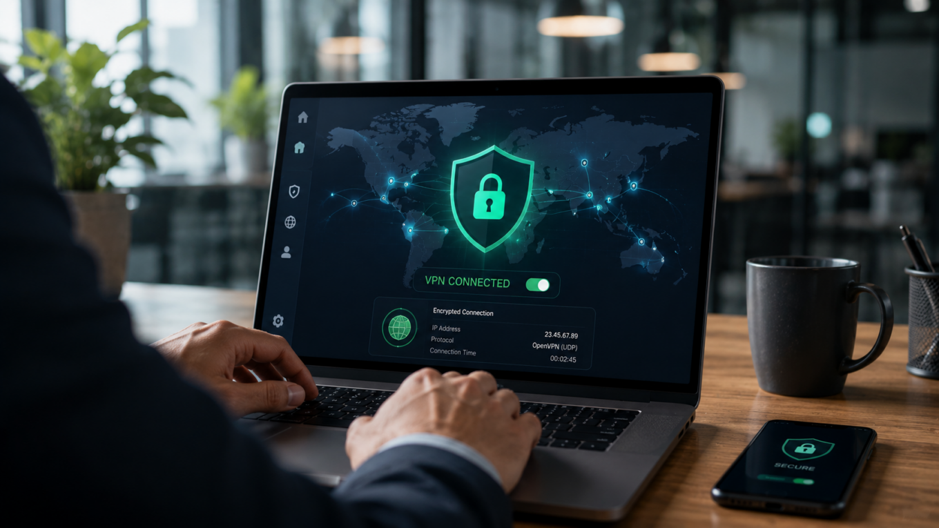 Person using a VPN service on a laptop with secure encrypted internet connection and privacy protection