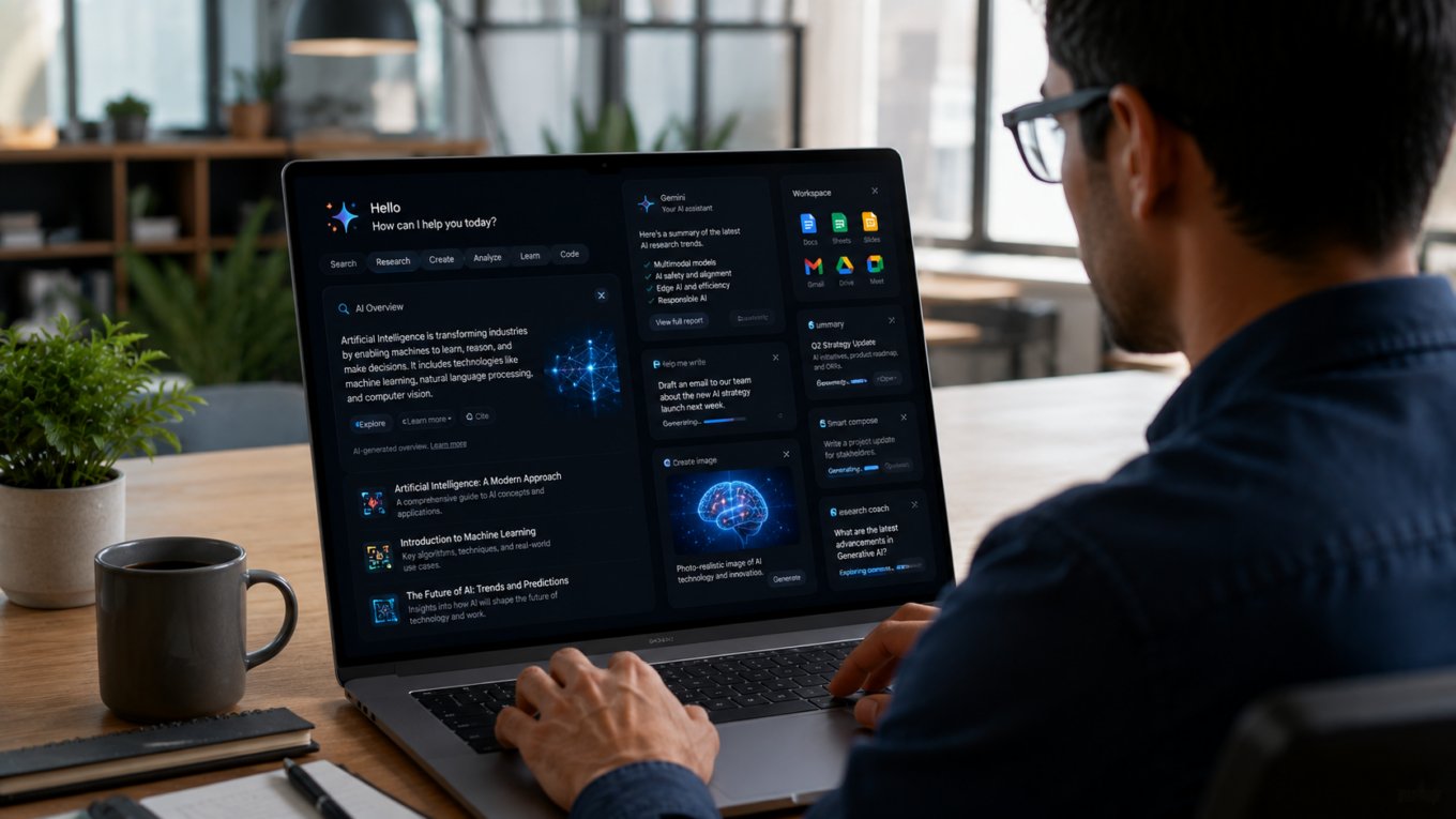 Person using Google AI features on a laptop with AI powered search productivity and content creation tools