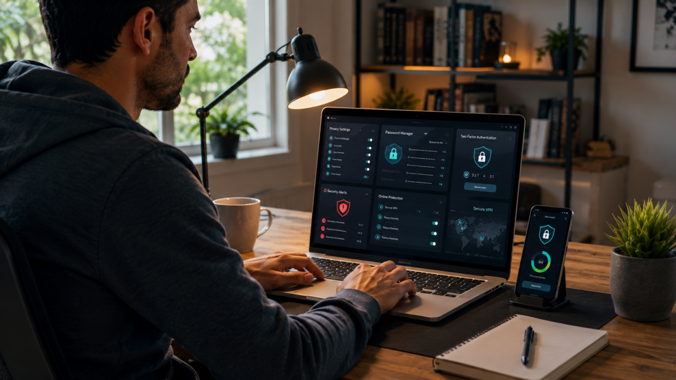 Person protecting personal data online using cybersecurity tools on a laptop computer
