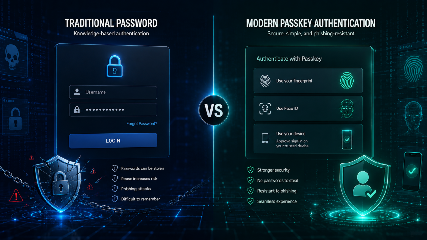 Passwords versus passkeys comparison showing traditional password login and modern passkey authentication