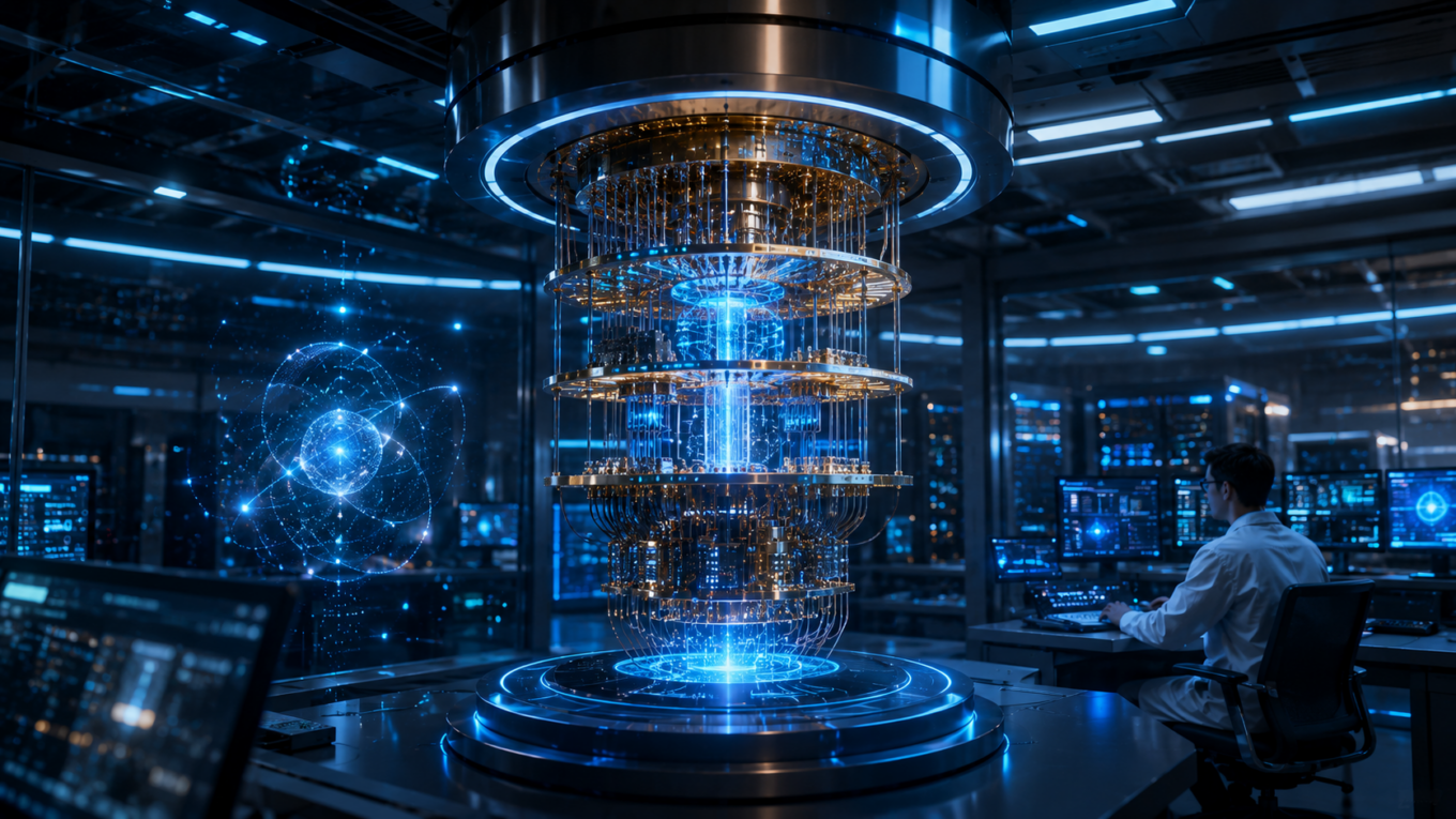 Futuristic quantum computer with glowing qubits and advanced quantum computing technology